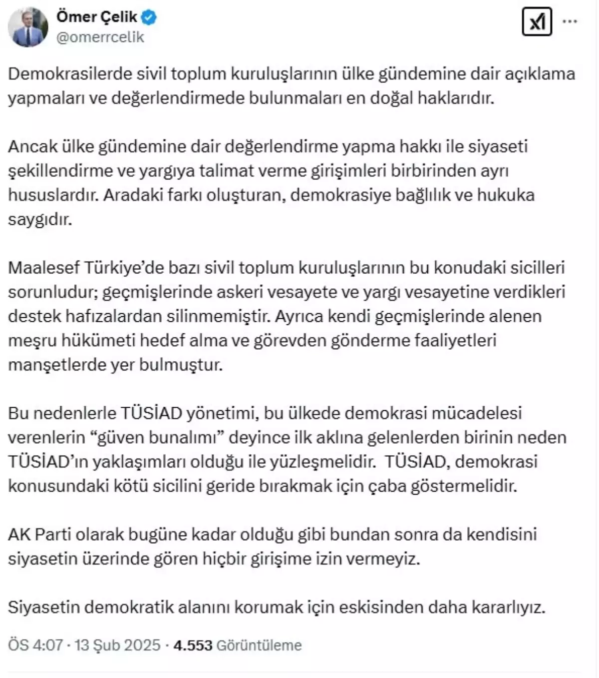 Ömer Çelik’ten TÜSİAD’a Demokratik Sorumluluk Çağrısı